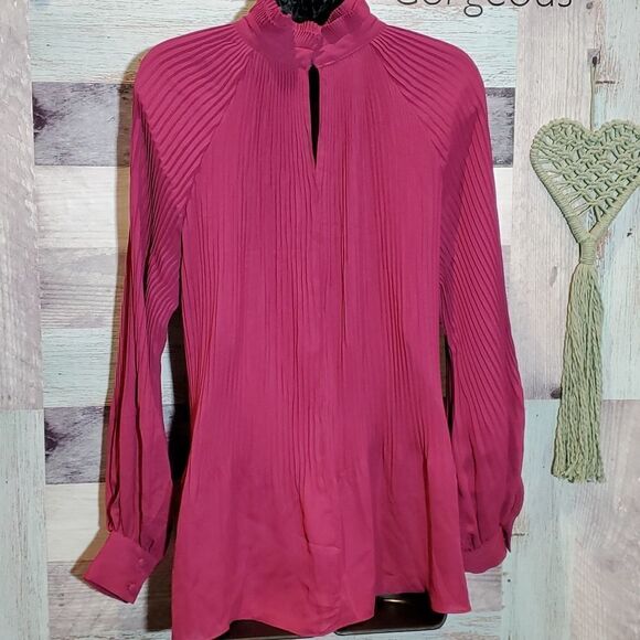 Eva Longoria Plum Pleated High Neck Career Blouse Long Sleeve, Size M - Picture 6 of 8